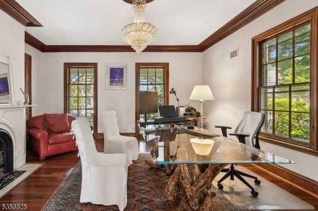 2 Perry St, Morristown Town, NJ 07960 - office space featuring crown molding, visible vents, baseboards, wood finished floors, and a notable chandelier