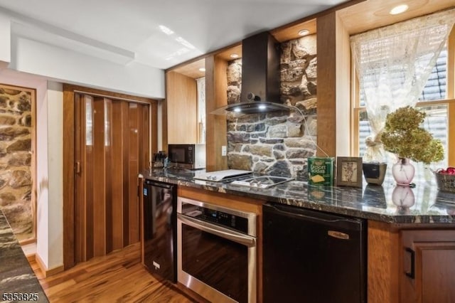 2 Perry St, Morristown Town, NJ 07960 - kitchen with beverage cooler, light wood-style flooring, black dishwasher, extractor fan, and oven