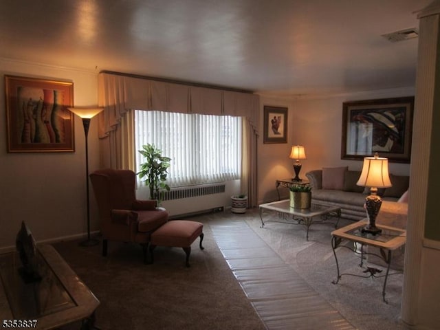 carpeted living room featuring radiator heating unit and visible vents