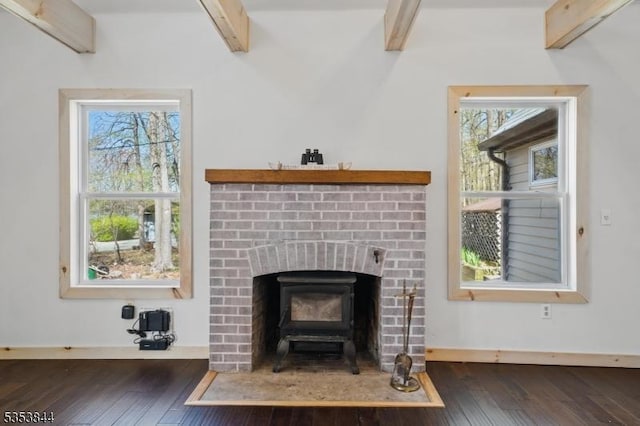 details featuring baseboards, a wood stove, and wood finished floors