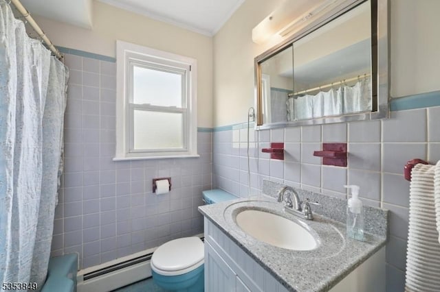 full bathroom featuring tile walls, baseboard heating, vanity, and a shower with shower curtain