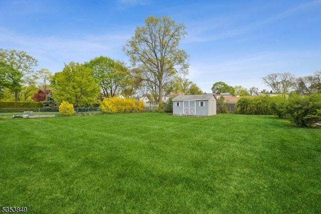 view of yard with a fenced backyard, an outdoor structure, and a shed
