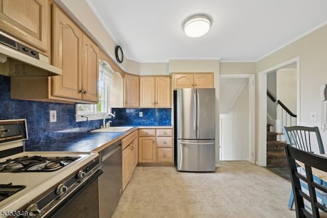 kitchen with crown molding, light brown cabinetry, tasteful backsplash, a sink, and appliances with stainless steel finishes