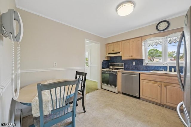 kitchen featuring crown molding, light brown cabinets, under cabinet range hood, a sink, and appliances with stainless steel finishes