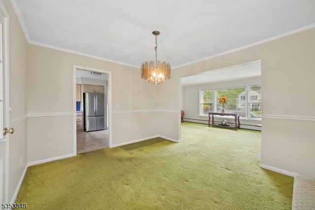 unfurnished dining area featuring baseboard heating, baseboards, a chandelier, ornamental molding, and carpet flooring