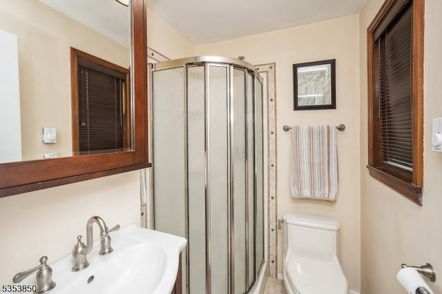 full bathroom featuring toilet, a sink, and a stall shower