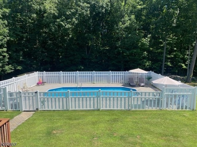 view of pool featuring a fenced backyard, a fenced in pool, and a lawn