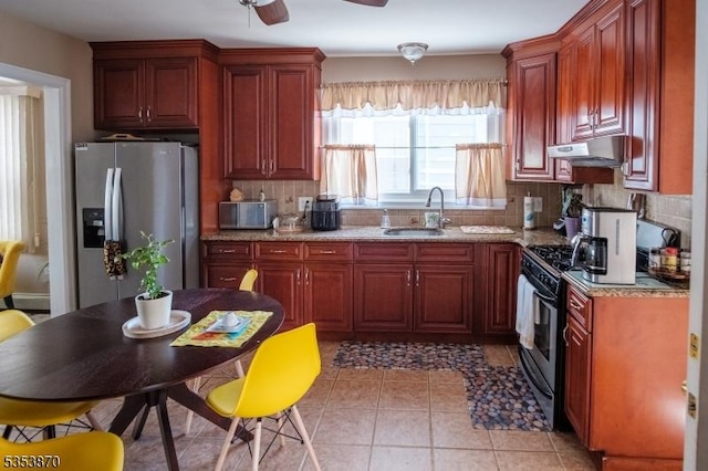 kitchen with ceiling fan, under cabinet range hood, tasteful backsplash, a sink, and stainless steel appliances
