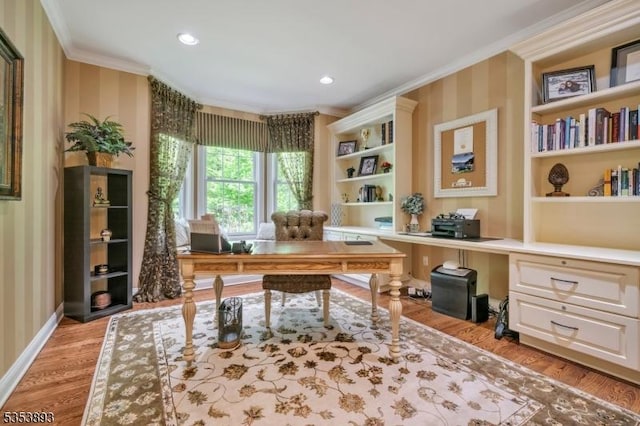 28 Arbor Rd, North Caldwell Boro, NJ 07006 - office space with crown molding, wallpapered walls, light wood finished floors, built in desk, and baseboards