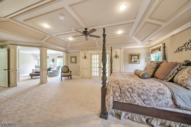 28 Arbor Rd, North Caldwell Boro, NJ 07006 - bedroom with ornate columns, coffered ceiling, ornamental molding, light colored carpet, and recessed lighting