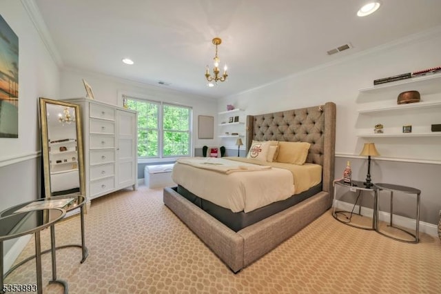28 Arbor Rd, North Caldwell Boro, NJ 07006 - carpeted bedroom with ornamental molding, a chandelier, baseboards, and recessed lighting