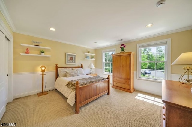 28 Arbor Rd, North Caldwell Boro, NJ 07006 - bedroom with light carpet, crown molding, baseboards, a closet, and recessed lighting