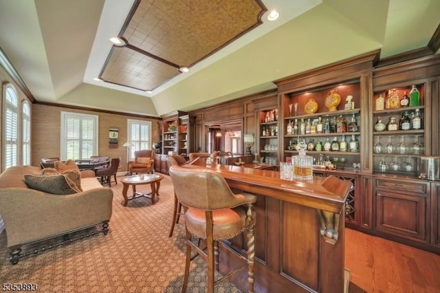 28 Arbor Rd, North Caldwell Boro, NJ 07006 - indoor dry bar featuring a tray ceiling and ornamental molding