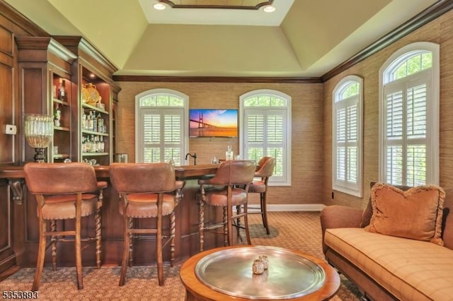 28 Arbor Rd, North Caldwell Boro, NJ 07006 - indoor wet bar with baseboards, a tray ceiling, carpet floors, and wallpapered walls