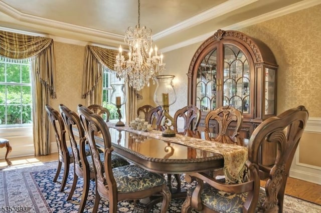 28 Arbor Rd, North Caldwell Boro, NJ 07006 - dining room featuring a chandelier, wallpapered walls, crown molding, and baseboards