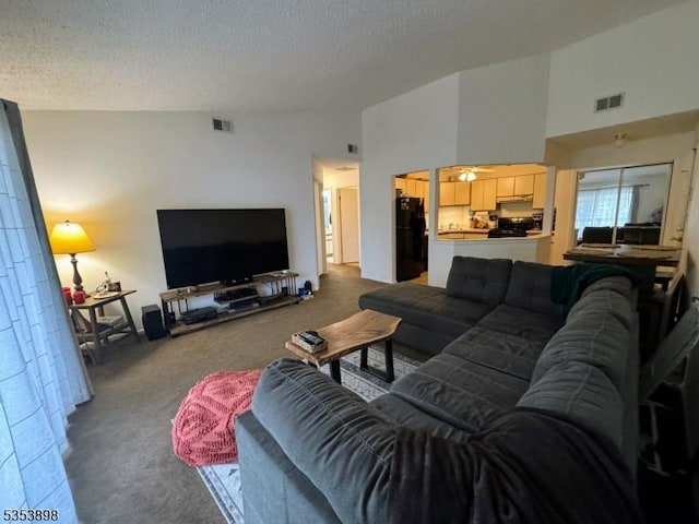 living room with carpet floors, a textured ceiling, visible vents, and vaulted ceiling