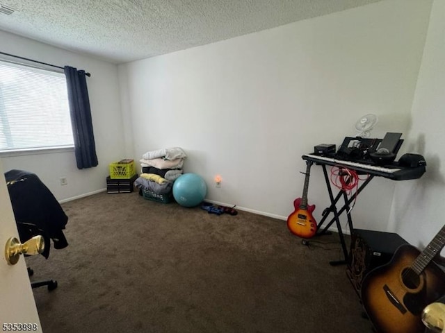exercise room with carpet floors, a textured ceiling, and baseboards