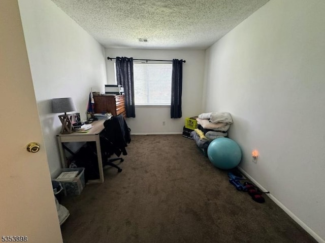 carpeted office space with visible vents, a textured ceiling, and baseboards