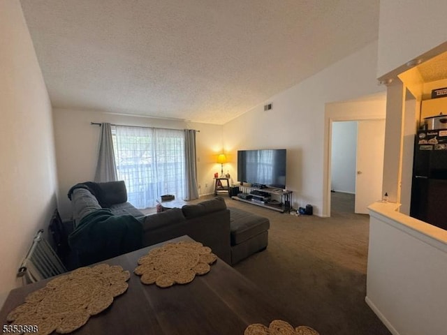 living room featuring visible vents, a textured ceiling, carpet, and lofted ceiling