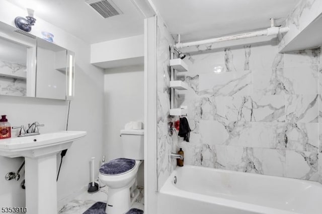 full bath featuring visible vents, marble finish floor, toilet, shower / bath combination, and a sink