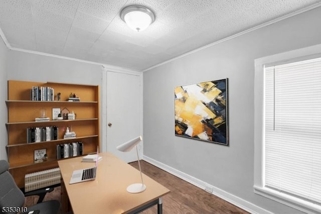 home office featuring crown molding, baseboards, and dark wood-style floors