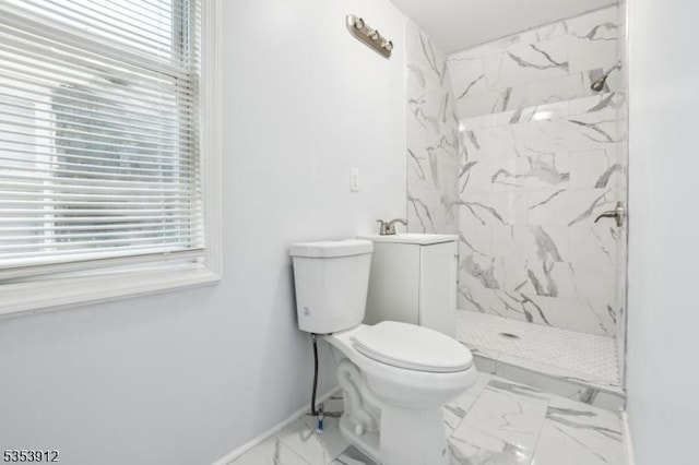 18 Ellis Ave, Irvington Twp, NJ 07111 - bathroom with marble finish floor, a marble finish shower, a healthy amount of sunlight, and toilet