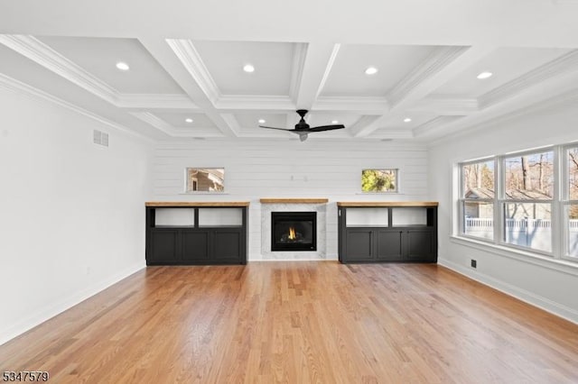 unfurnished living room featuring visible vents, a ceiling fan, coffered ceiling, and recessed lighting