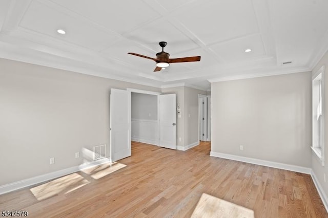 interior space with crown molding, ceiling fan, light wood-style flooring, recessed lighting, and baseboards
