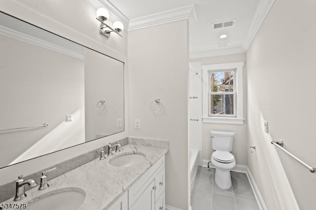 full bath featuring a sink, baseboards, ornamental molding, and visible vents