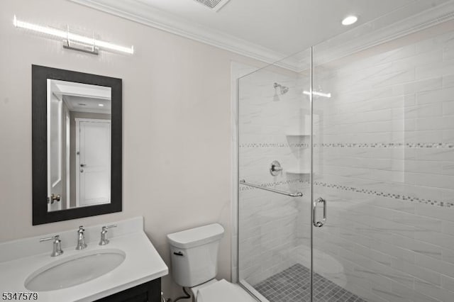 full bath featuring vanity, ornamental molding, toilet, recessed lighting, and a stall shower