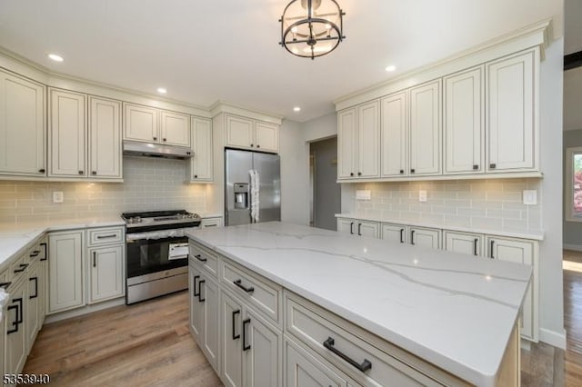 318 Sunnyside Ter, Bridgewater Twp, NJ 08807 - kitchen with under cabinet range hood, stainless steel appliances, light wood-type flooring, and tasteful backsplash