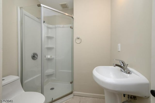 318 Sunnyside Ter, Bridgewater Twp, NJ 08807 - bathroom with toilet, visible vents, tile patterned flooring, and a stall shower