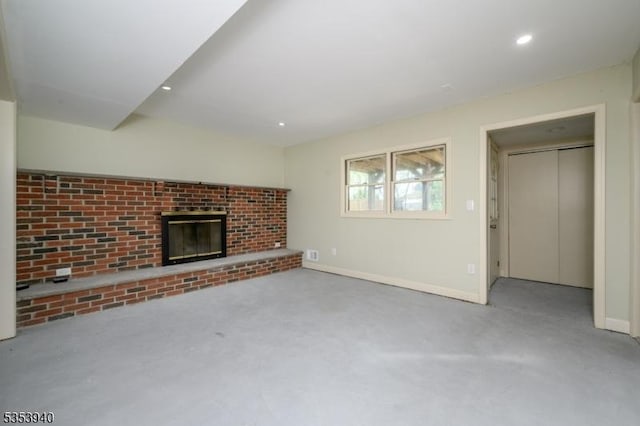 318 Sunnyside Ter, Bridgewater Twp, NJ 08807 - unfurnished living room featuring baseboards, a brick fireplace, and recessed lighting