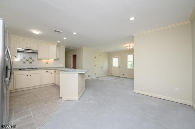 318 Sunnyside Ter, Bridgewater Twp, NJ 08807 - kitchen featuring visible vents, ornamental molding, a peninsula, open floor plan, and under cabinet range hood