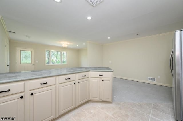318 Sunnyside Ter, Bridgewater Twp, NJ 08807 - kitchen featuring visible vents, freestanding refrigerator, recessed lighting, and ornamental molding