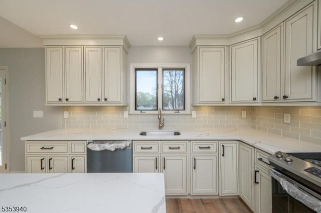 318 Sunnyside Ter, Bridgewater Twp, NJ 08807 - kitchen featuring appliances with stainless steel finishes, light stone counters, a sink, decorative backsplash, and wood finished floors