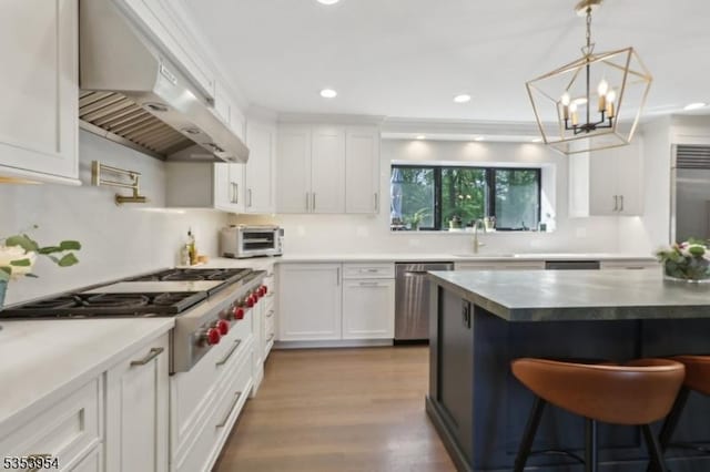 kitchen with under cabinet range hood, stainless steel appliances, a breakfast bar, white cabinetry, and light wood-type flooring