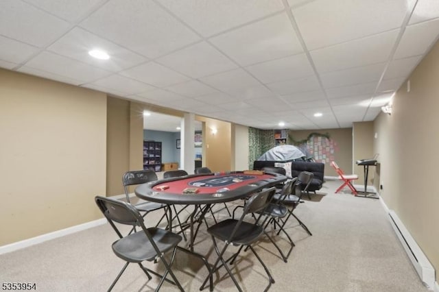 game room with baseboard heating, carpet, a drop ceiling, baseboards, and recessed lighting