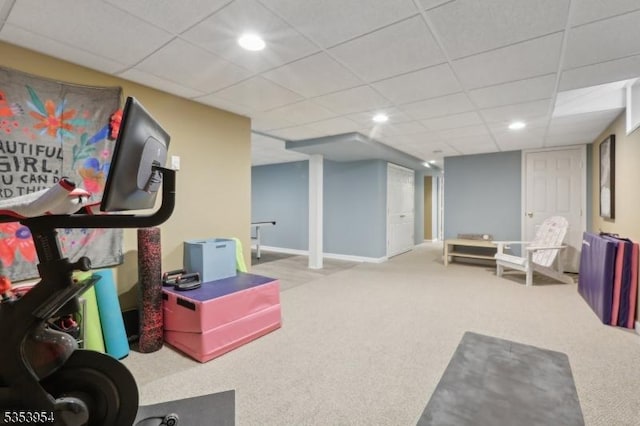 playroom with carpet, recessed lighting, a drop ceiling, and baseboards