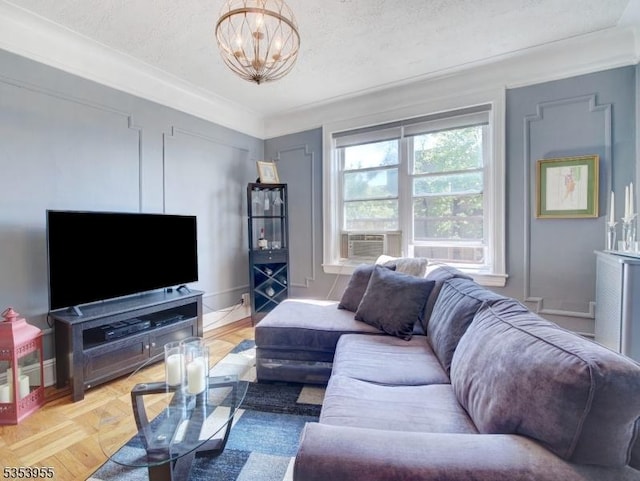 living room featuring a textured ceiling, a chandelier, and cooling unit