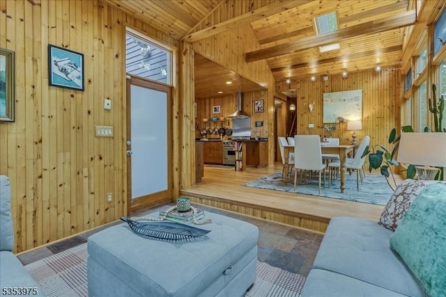 living area with wooden walls, lofted ceiling, and wood ceiling