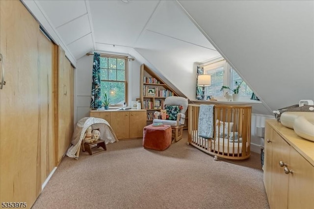 bedroom featuring carpet floors, vaulted ceiling, and a closet