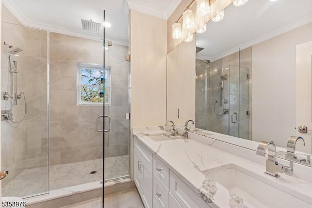1537 Franklin St, Clark Twp, NJ 07066 - full bath with crown molding, a shower stall, and double vanity