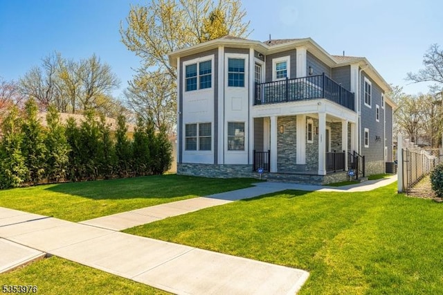 1537 Franklin St, Clark Twp, NJ 07066 - neoclassical home featuring a balcony, covered porch, and stone siding