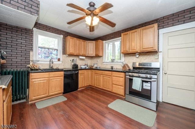 kitchen with a sink, gas stove, black dishwasher, a healthy amount of sunlight, and dark wood-style floors