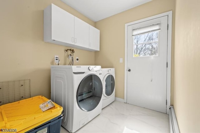 washroom with a baseboard heating unit, independent washer and dryer, cabinet space, and marble finish floor