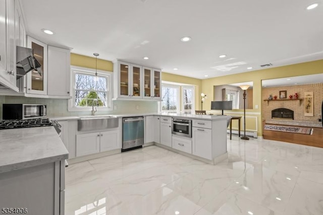 kitchen with a sink, appliances with stainless steel finishes, a peninsula, and a healthy amount of sunlight