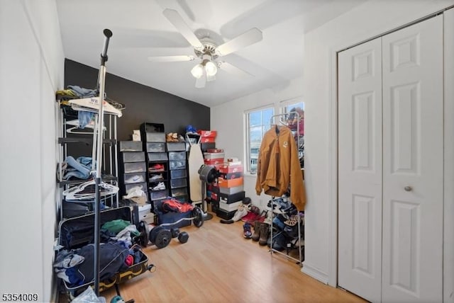 storage area with a ceiling fan