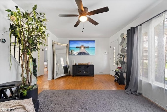 living area featuring ceiling fan and wood finished floors