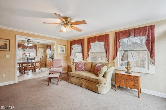11 Mountain View Dr, Chester Twp, NJ 07930 - carpeted living room featuring baseboards, ornamental molding, and ceiling fan